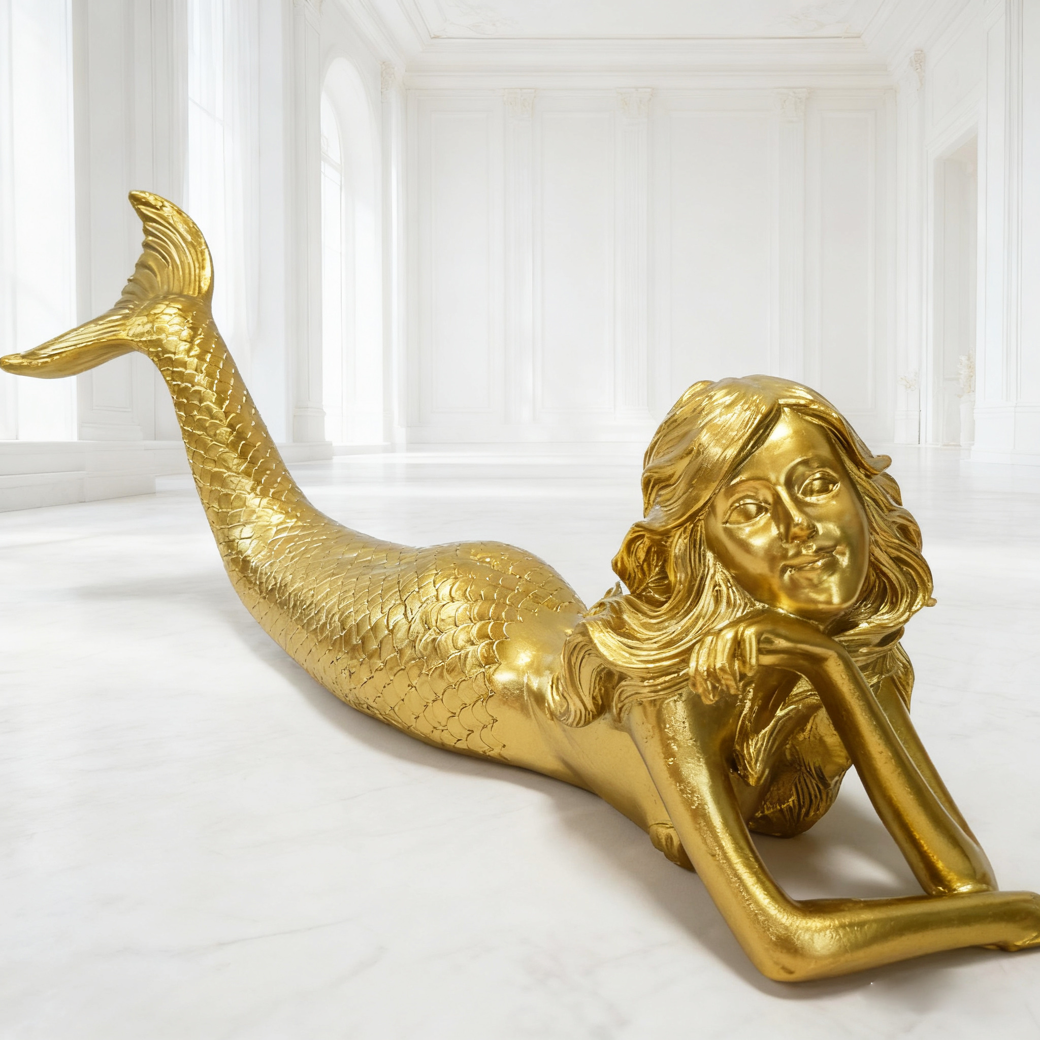 Large Golden Mermaid Ornament, Metallic Texture Resin Decoration
