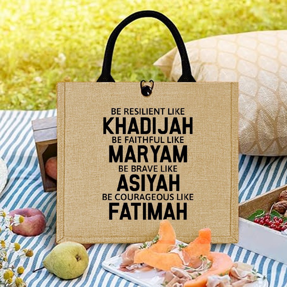 

1pc Large Capacity Jute Tote Bag, Fabric With Closure, Aesthetic Ramadan Gift, Inspirational Quotes, For Shopping, Picnic, Party, Travel