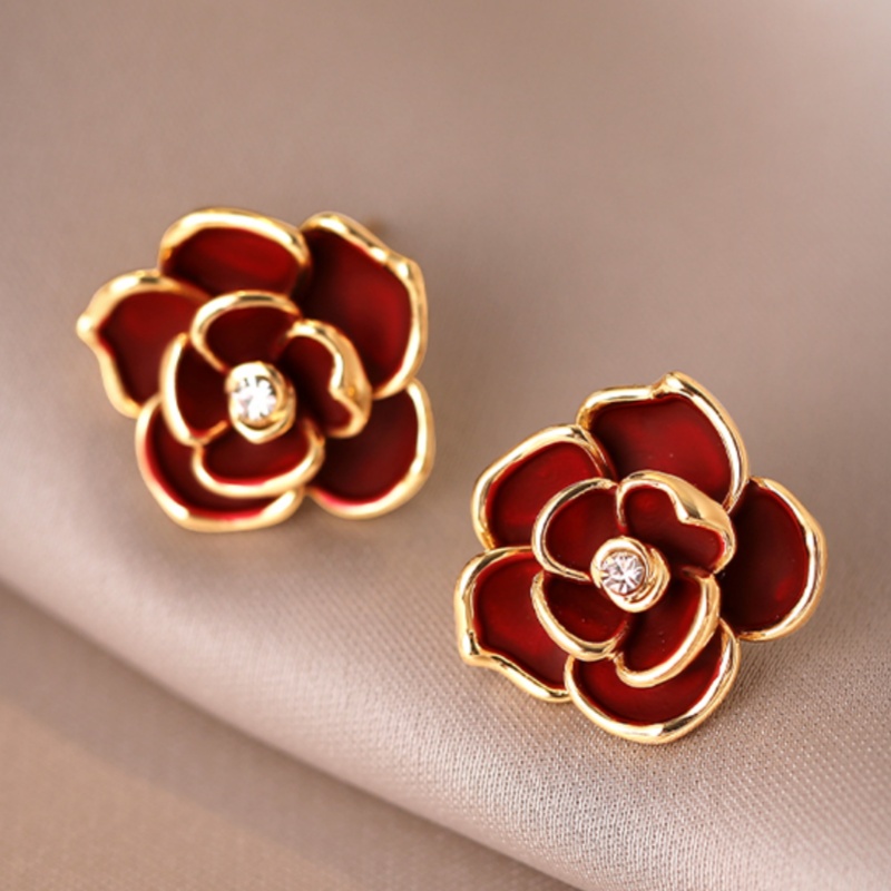 TEMU Elegant Temperament Enamel Inlay Zirconia Red Rose Flower Stud Earrings For Women Banquet Casual Retro Earrings Jewelry Valentine's Day
