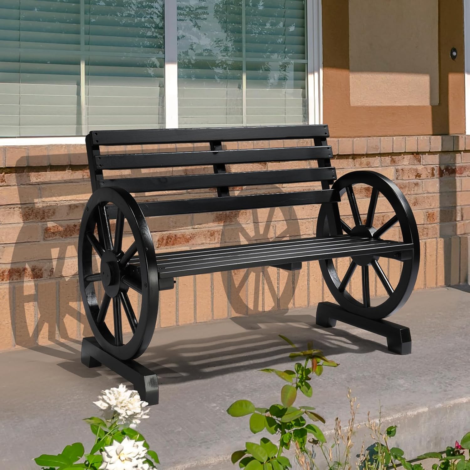 TEMU 41" Rustic Wooden Wheel Bench Outdoor Bench, 2-person Patio Bench Wagon Slatted Seat, Garden Benches For Outdoors 350lbs High Capacity
