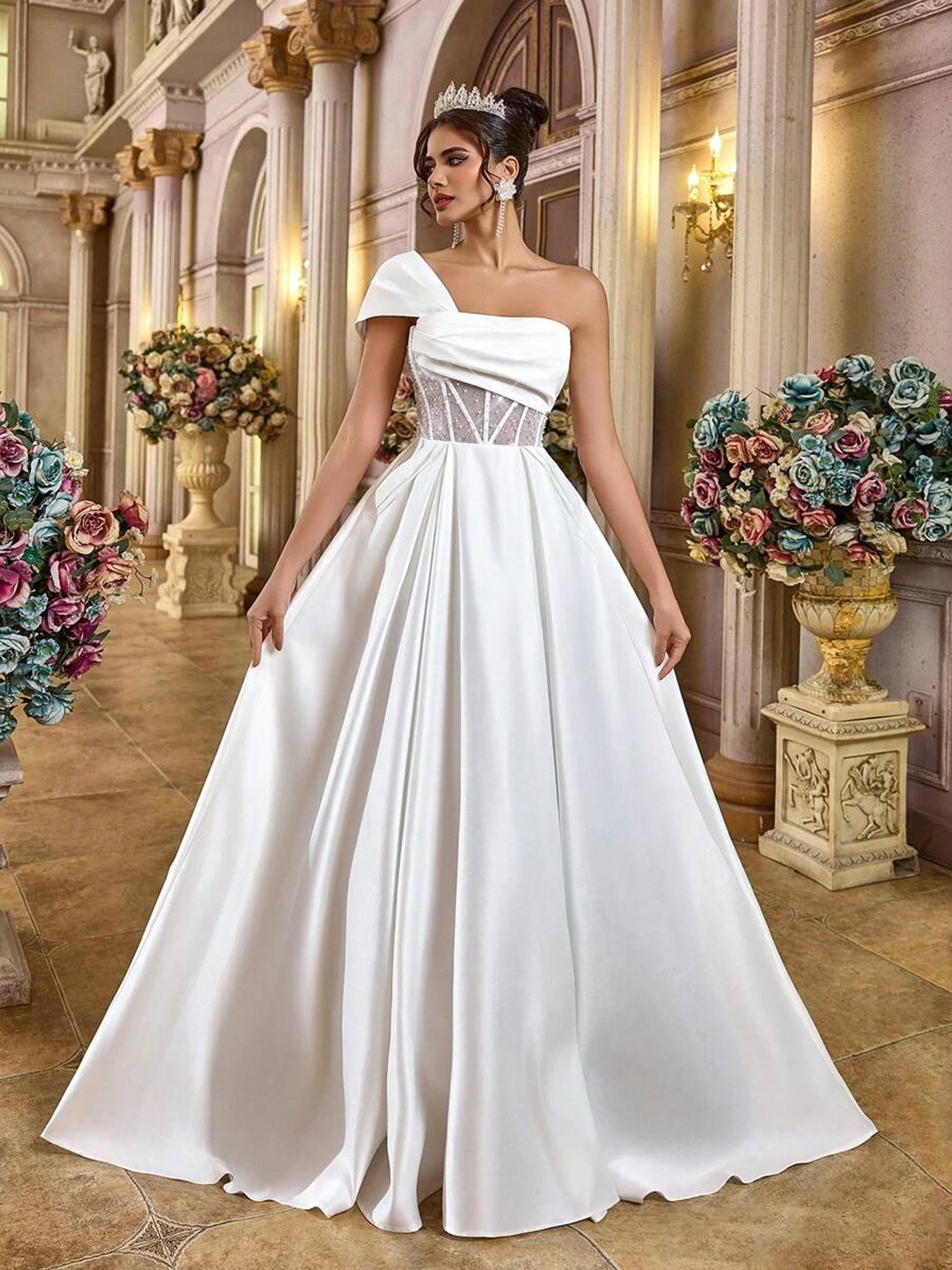 chinese dress ladies Elegant Satin Ballgown Wedding Dress with Pockets 14 US / Off White