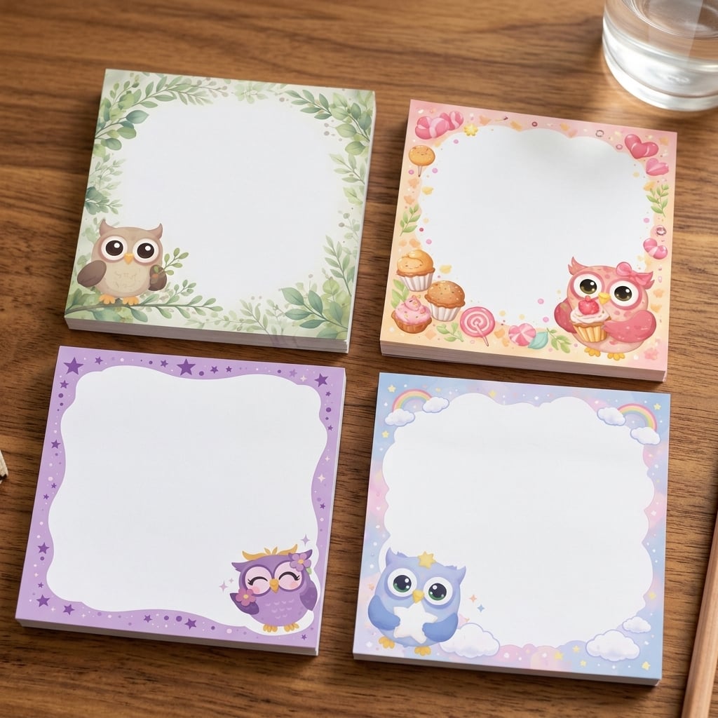 TEMU 4 Packs Pastel Owl Sticky Notes, For Journal And Office Supplies, 4--themed Sticky Pads Per Style, 50 Sheets Each, Cute Desktop Small Gift,