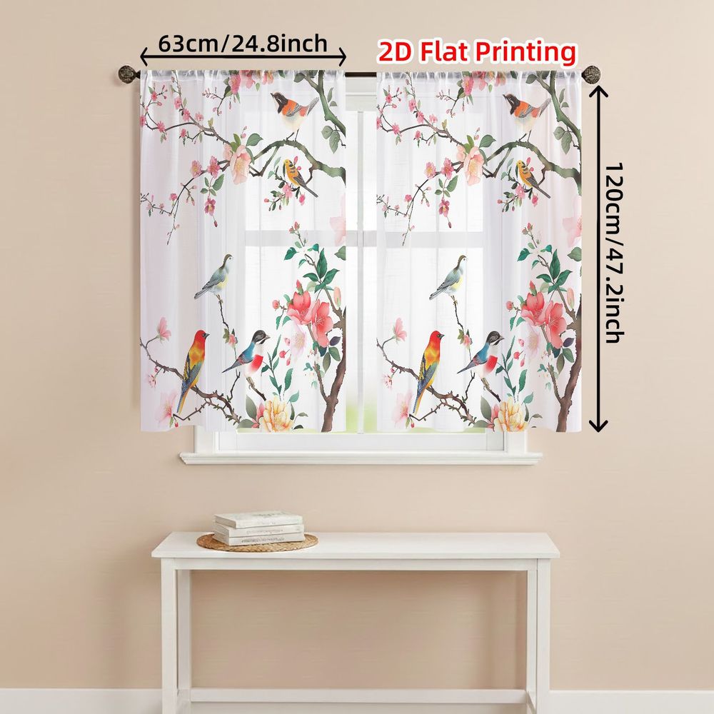 TEMU 2D Plat, 2 pièces Rideaux Légers Printemps Été, Rideaux Transparents Colorés Oiseaux Nature Floraux, Voilage Délicat avec de Fleurs Vibrantes et