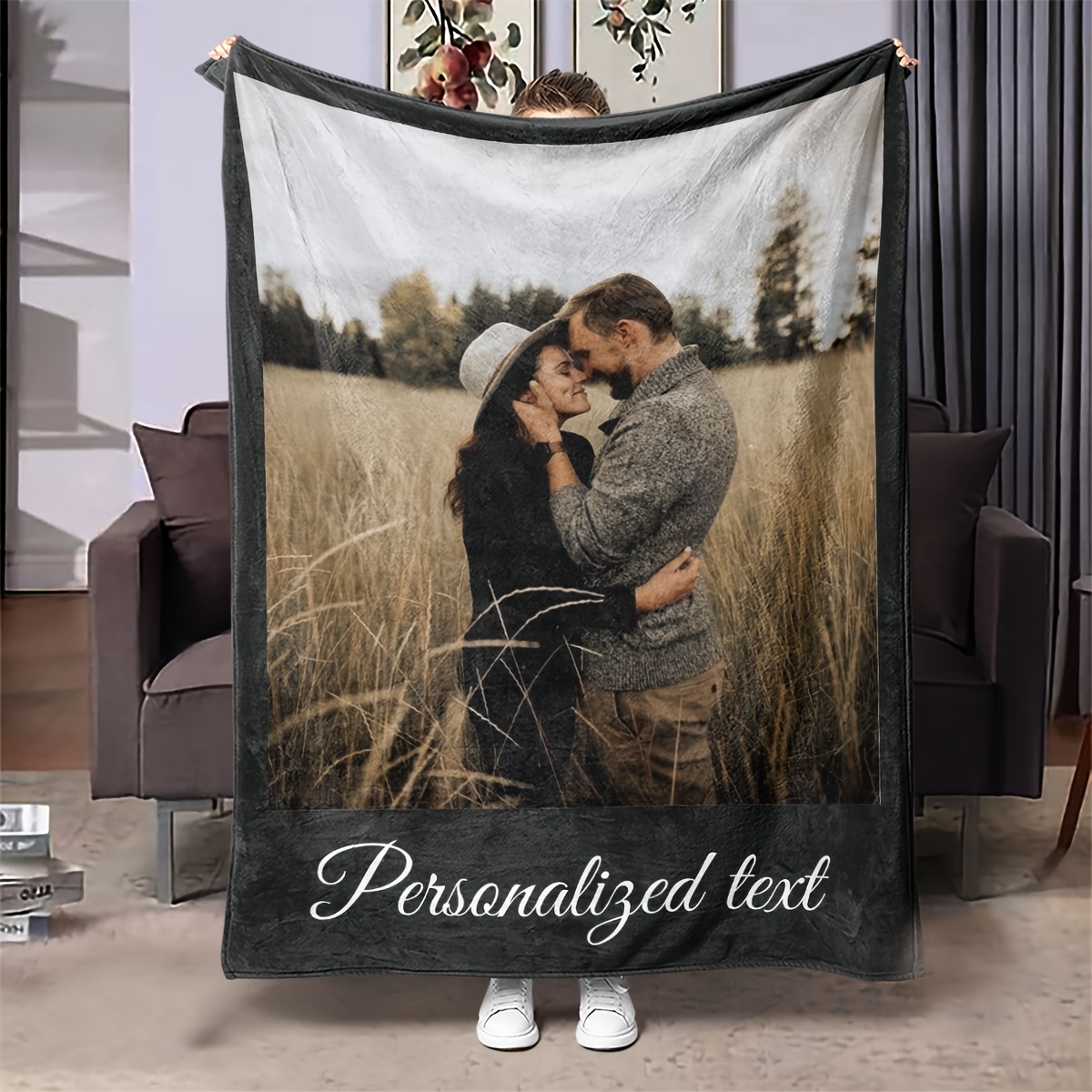 Image of 1pc Personalized Photo Text Blanket - 280gsm, Suitable For Sofas, Beds, Outdoor Use, Perfect Gift, Use, Summer Air-conditioned Room Use, Home Blanket