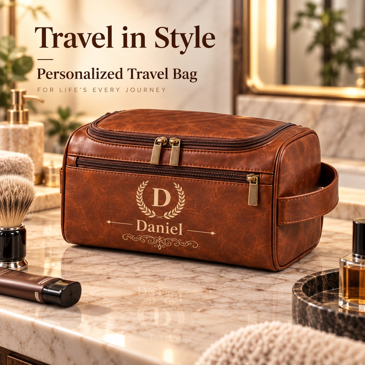 TEMU 1 pièce Trousse de toilette personnalisée pour homme en PU avec crochet - Nom/ gravés au laser sur mesure, organisateur de voyage adapté pour