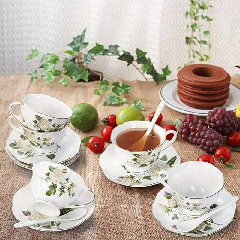 6oz porcelain ivory floral tea cup and saucer set with   - elegant latte cups and espresso mug for coffee drinks,   home or restaurant use,   tea set|floral pattern cups|durable porcelain Product details 1