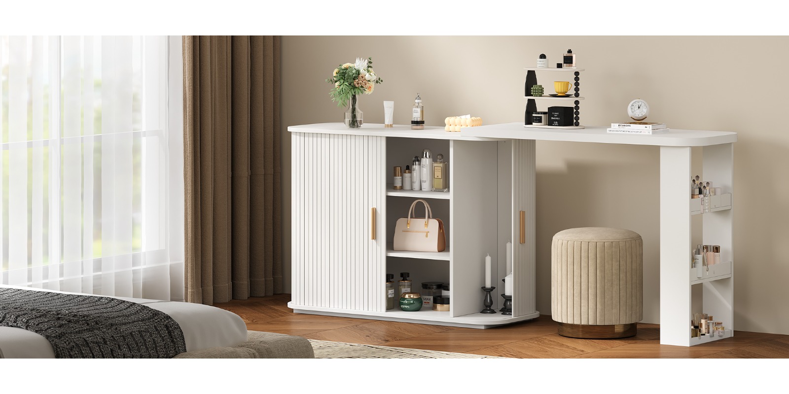 Adjustable Vanity Desk with Rolling Shutter, L-Shape Corner Makeup Table Featuring Shelves, Bedroom Storage Solution in White
