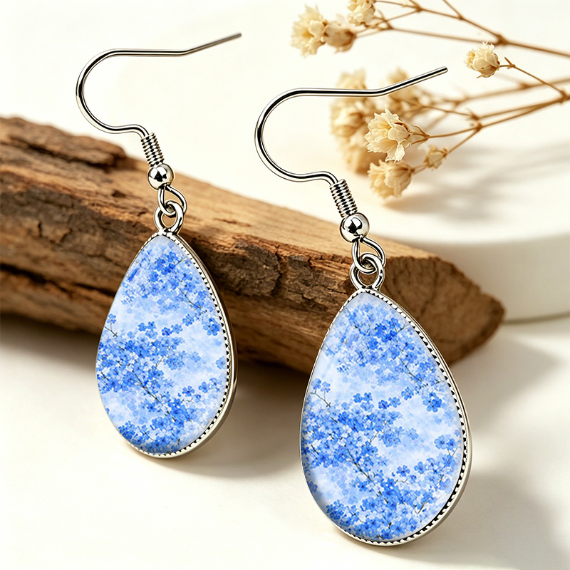Light Blue Cherry Blossom Tear Drop Glass Cabochon Earrings