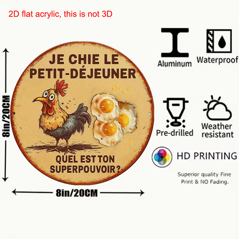 TEMU 1pc Vintage French Country Chicken & Breakfast Theme Round 8_x8_ (20cm) Aluminum Wall Plaque - Hen Decor For , Dining Room, Cafe - Durable Metal