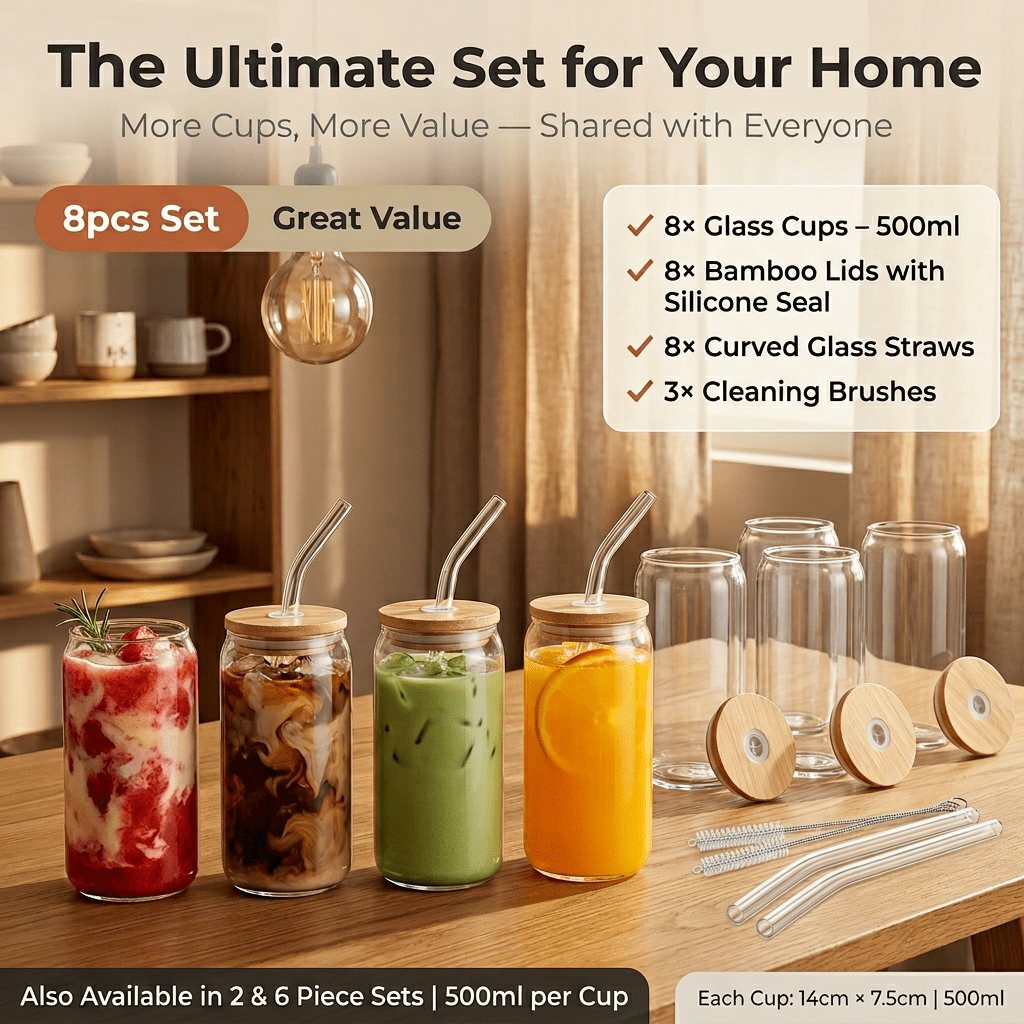 Image of [2/6/8 Pack] 500ml Glass Cups With Bamboo Lids & Glass Straws | Thickened Clear Drinking Glasses Set With Cleaning Brush | Iced Coffee Bubble Tea Smoothie Cup | Aesthetic Gift Set