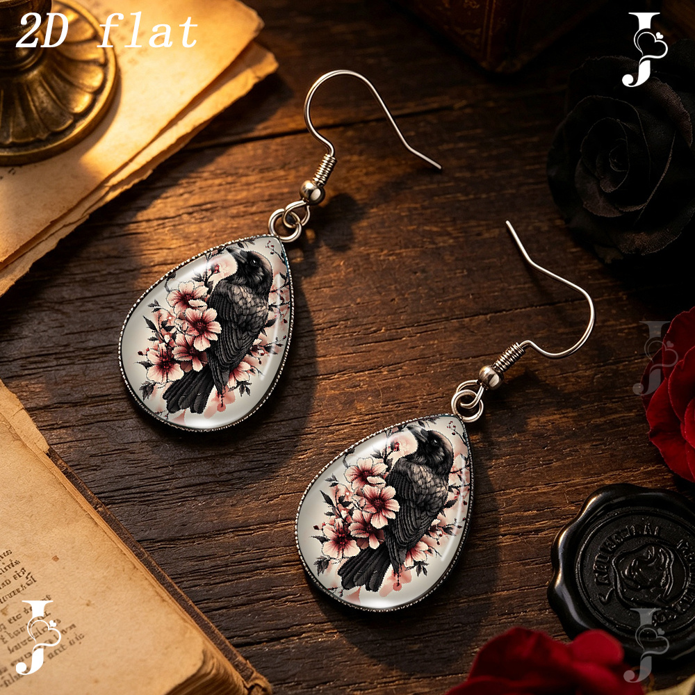 Teardrop Dangle Earrings with Cherry Blossom Pattern