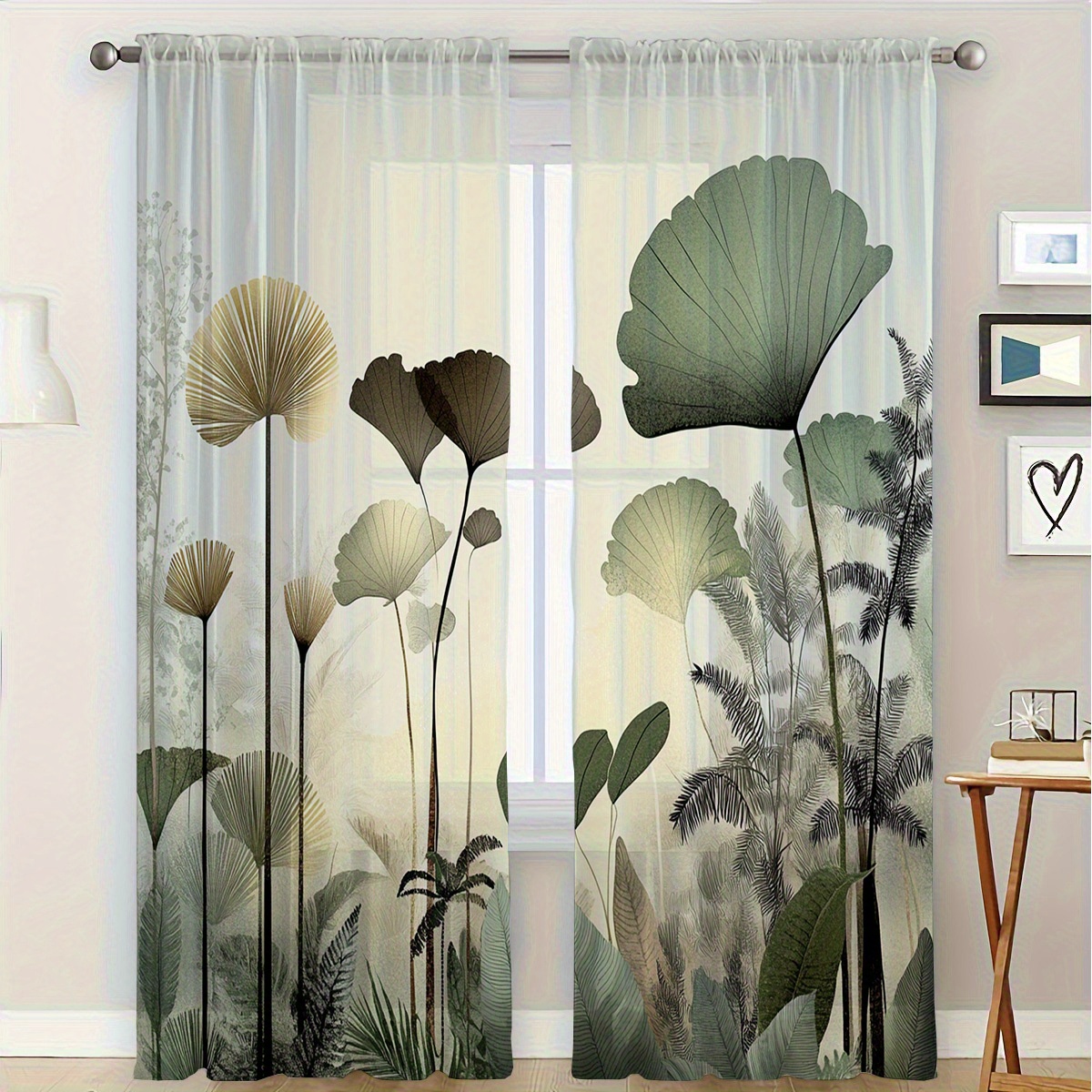 TEMU 2pcs Semi- Decor Curtains, Natural Botanical Print Gauze Window Curtains, Fresh And Decor Art Window Sheers, Suitable For Kitchen, Coffee Shop,