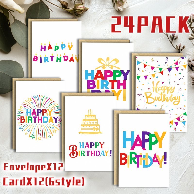 

24 Pack Assorted Birthday Greeting Cards Invitations With Envelopes - Celebration Balloon & Cake Designs, Family, Friends, - Christmas, New Year, Anniversary, Valentine's Day Paper Cards