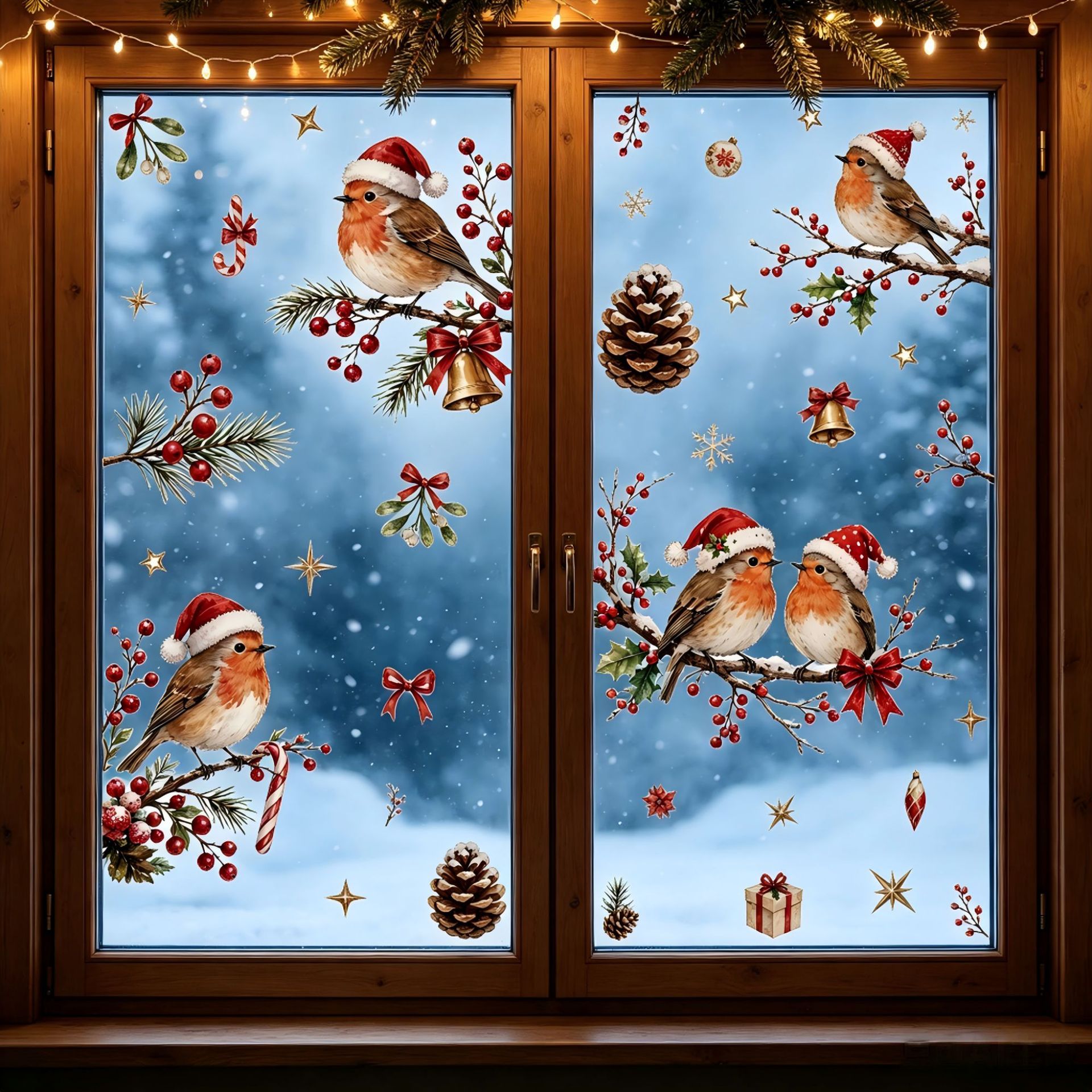 TEMU 2 Sheets Christmas Decoration Wreath Pine Branches Static Cling Stickers Birds On Branches Stickers Storefront And Glass Decorations