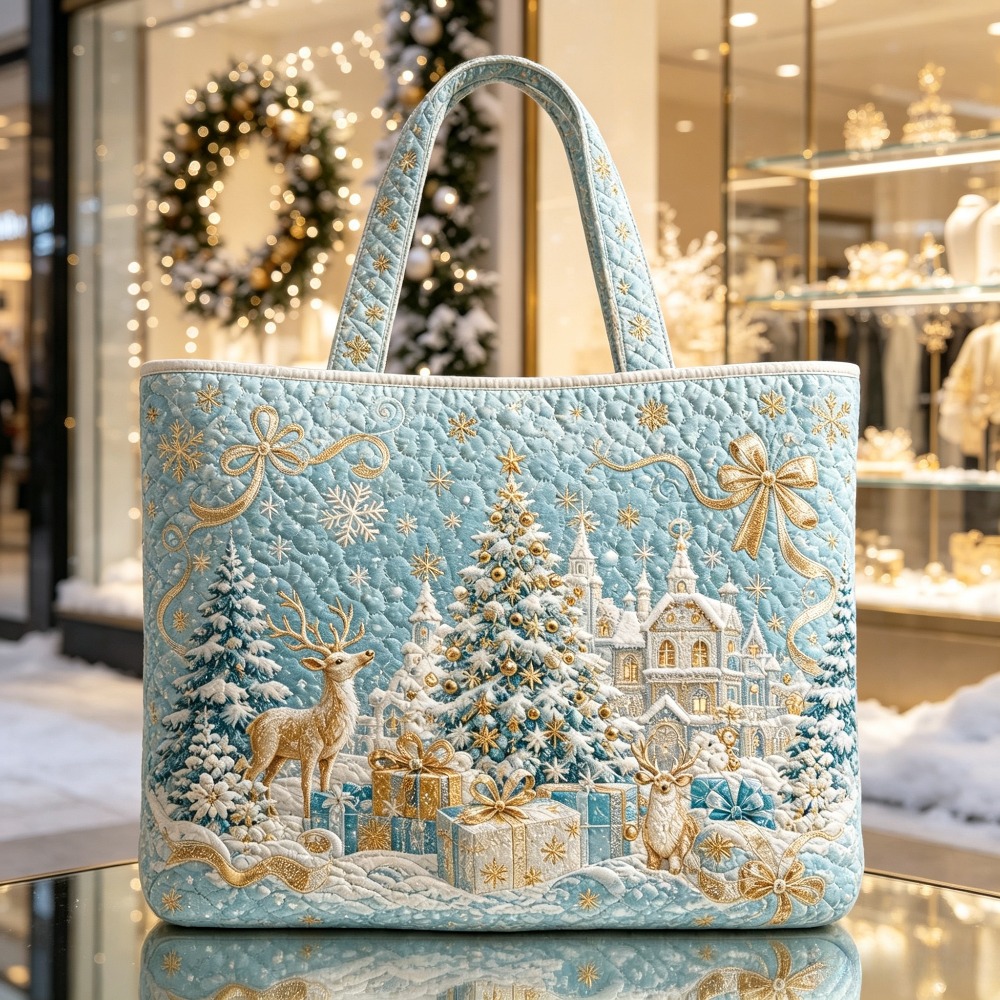 Image of 17 X 15 Inch Unisex Christmas Quilted Handbag, Reindeer And Tree Print, Suitable For Holiday Gifts, Daily Use, Mall Shopping, Quilted Body, Hand Washable, Works As A Travel Accessory