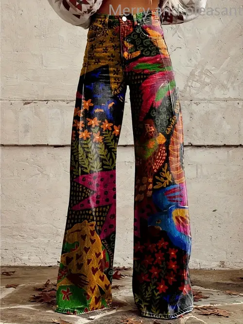 2025womens rainforest plants and flowers nature print thin casual non denim denim wideleg flared pants womens autumn and winter pants