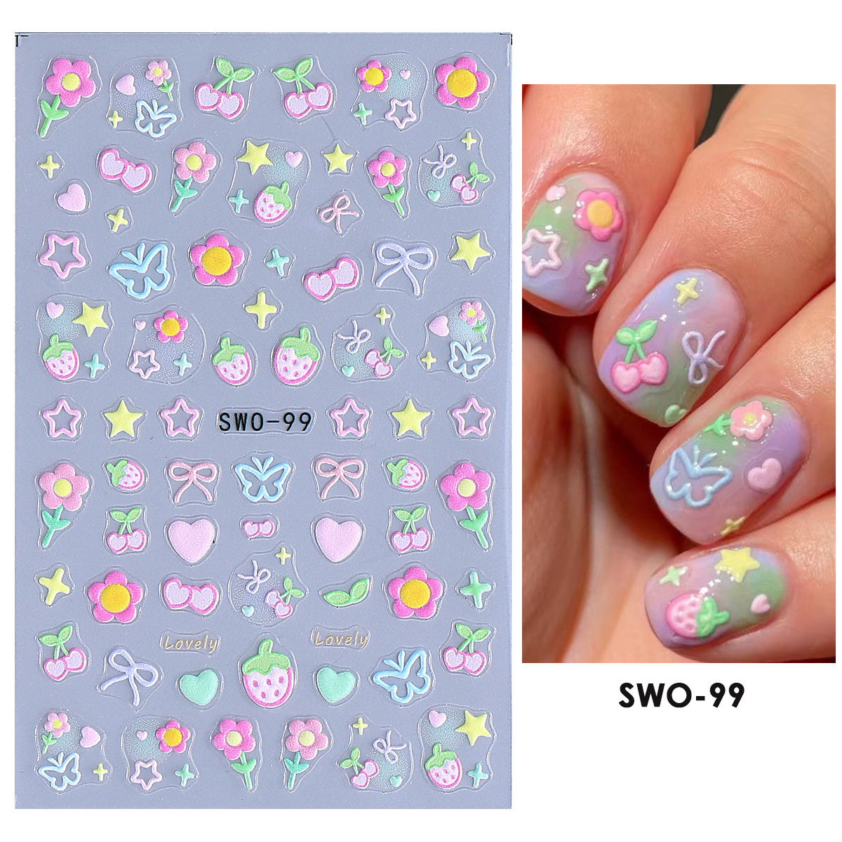 A Sweet And Flower Matte Nail Sticker, Featuring Minimalist Y2k Bow, Strawberry, Cherry, And Elements, Perfect For Trendy Valentine's Day Gifts, In A Colorful Graffiti Style