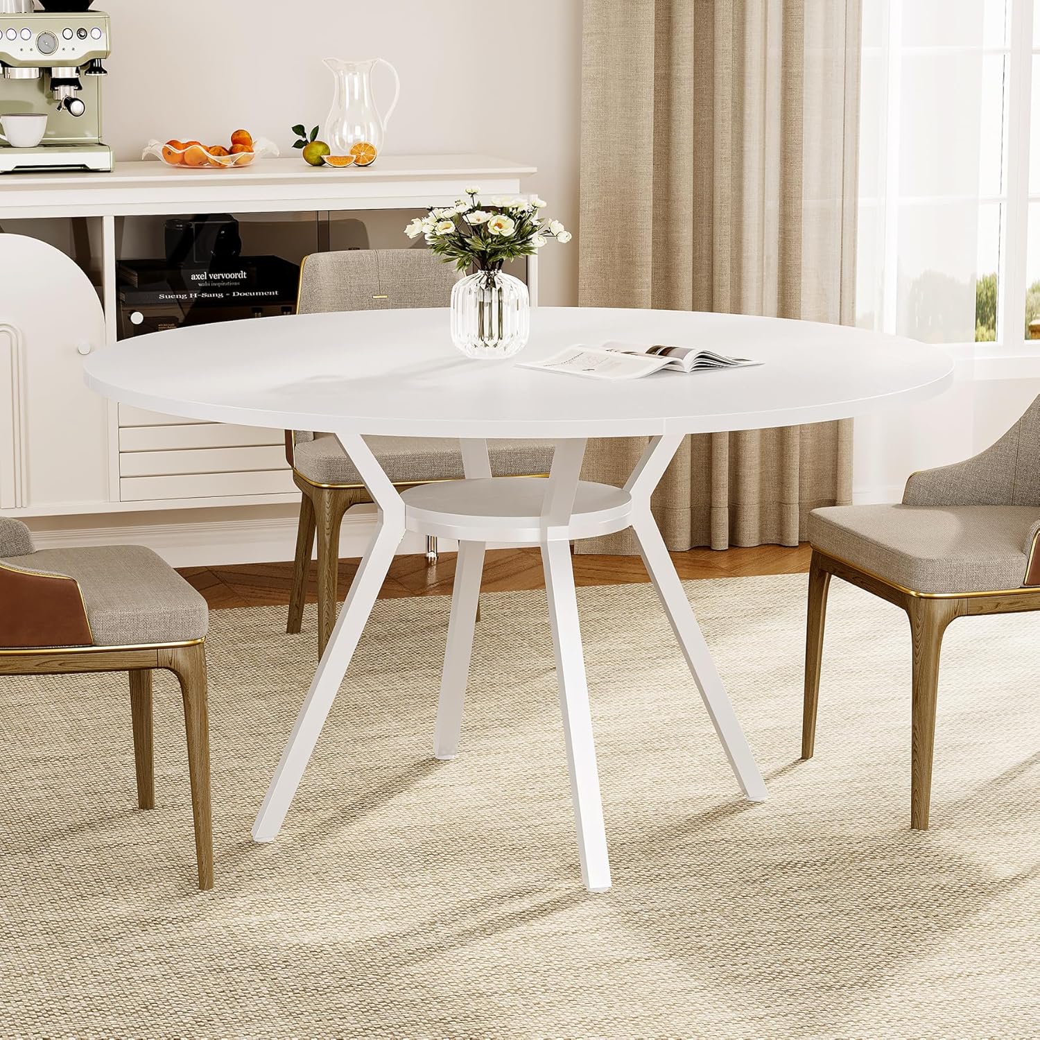47-inch Table, Contemporary Kitchen Table Featuring A Metal Base, Wooden Table Suitable For Four, Round Dining Table For The Kitchen And Dining Area, In White