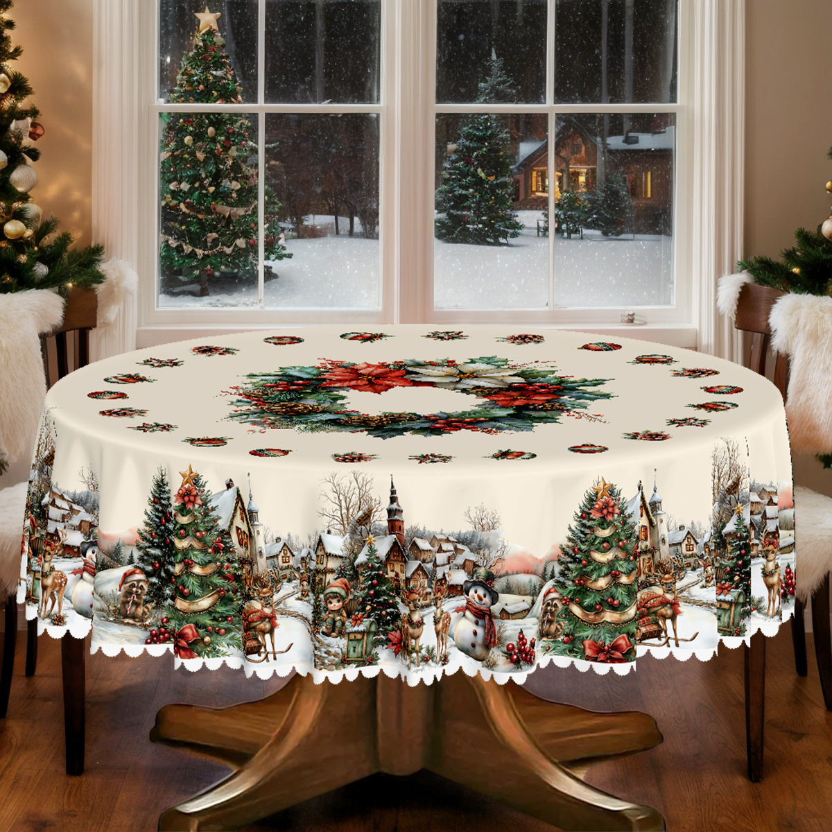 TEMU 2d Flat Tablecloth 1pc Christmas-themed Party Tablecloth, Printed With Snowman, Christmas Tree, And Winter Snow Scene Designs, Available In