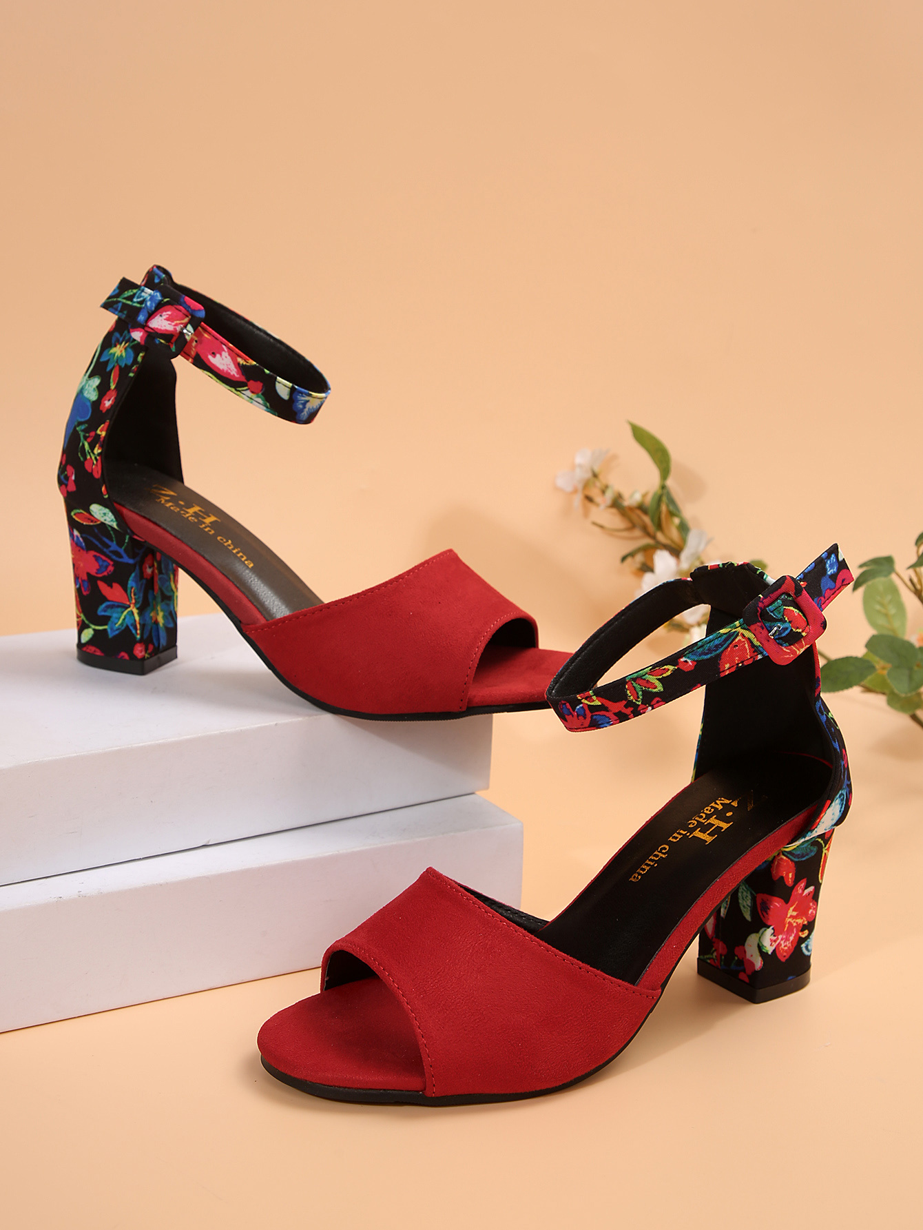 [Durable Build] Women's Floral Print Block Heel Sandals - Elegant Open Toe Ankle Strap Pumps with Faux Cover Lining, Summer Dress Shoes in Vibrant Pink & Blue Floral Patterns, Dressy Sandals | Fashionable Footwear | Durable Pu Sole, High Heel Sandals