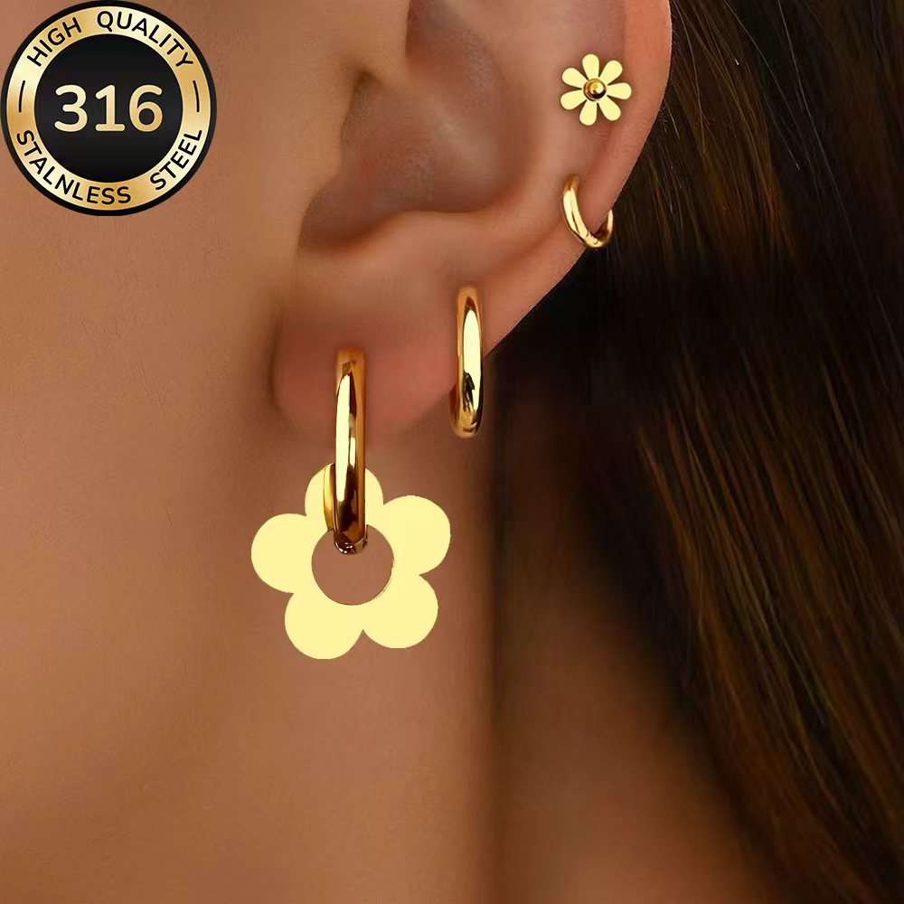 4 Pairs High-Quality 316 Stainless Steel Golden Earrings Set
