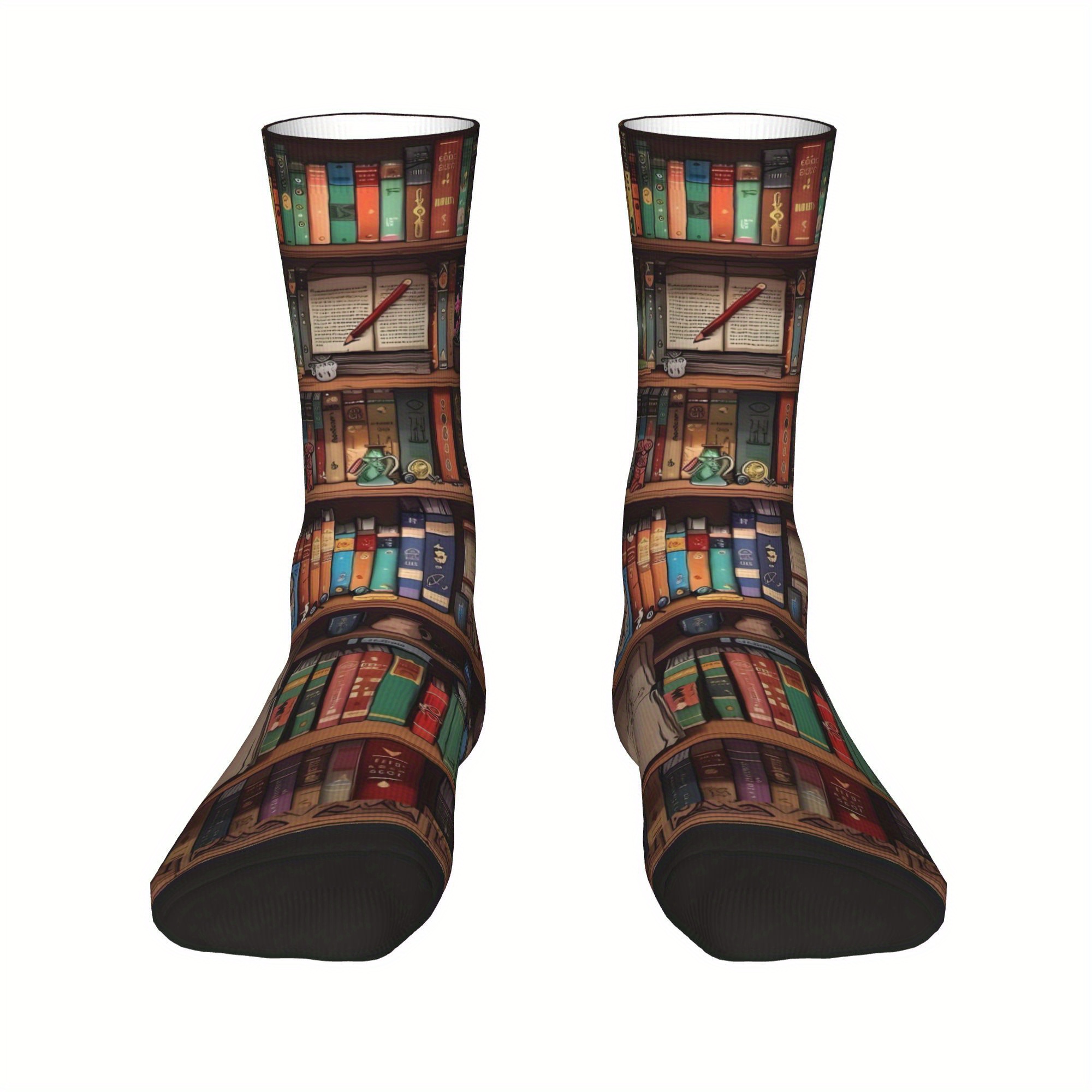 1 pair funny hip hop retro bookcase novelty compression socks unisex street   socks with random book pen print hand   clean vibrant colors for men women fun casual wear durable fabric 0