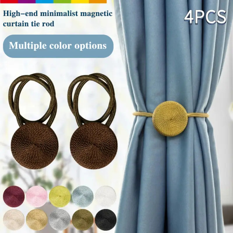 Four Premium Easy Round Magnetic Curtain Strings, Robust Magnetic Hooks, Handcrafted Decorative Magnetic Design, Long-Lasting Material, Bohemian Style Hanging Strings, Ideal for Bedroom, Living Room, And Office Curtain Storage Decoration