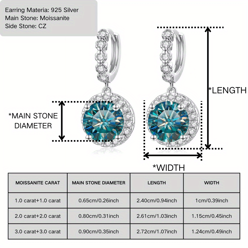Women's 1/2/3 Carat Moissanite Earrings, S925 Silver