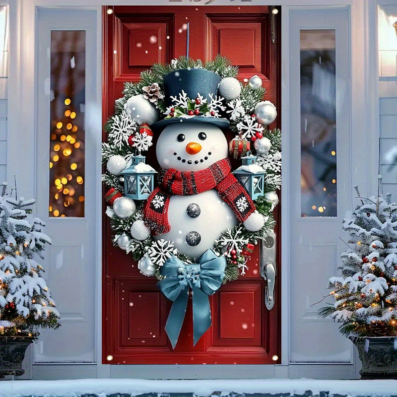 

Door Cover 1pc Classic Christmas Snowman Wreath Door Banner, Polyester Fiber Hanging Ornament, 35.4" X ", Electricity-free, Featherless, For Indoor/outdoor Holiday Decor