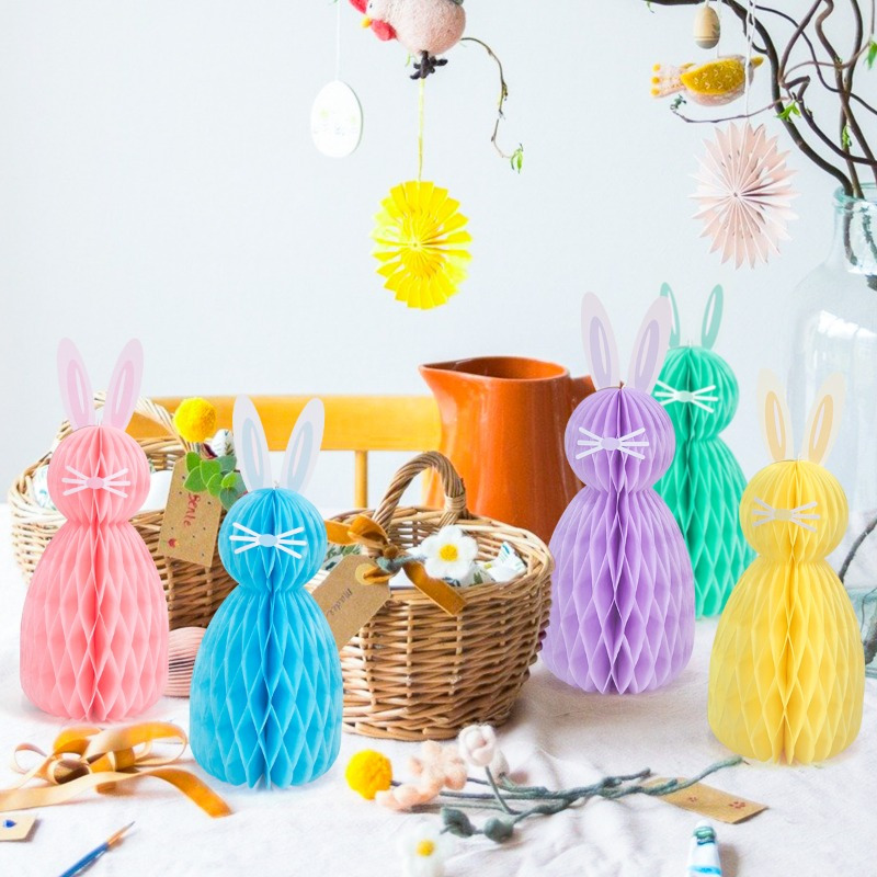 

Set Of 5 Easter Bunny Honeycomb Paper Decorations, Assorted Macaron Colors, Hanging & Tabletop Accents For Easter Party Decor