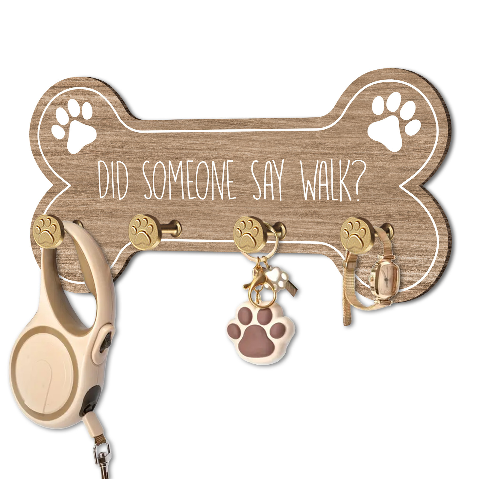 

1pc Brown Wooden Bone-shaped Wall Decor With 4 Hooks For Hanging Keys And Leashes - Did A Walk - Perfect Housewarming Gift For Dog Lovers