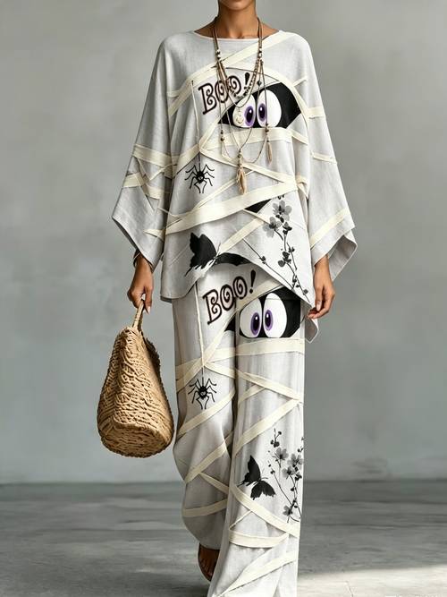 plus size plus size womens clothing halloween print 2pcs set oversized bat sleeve top with irregular hem and wide leg pants set casual halloween costume loungewear