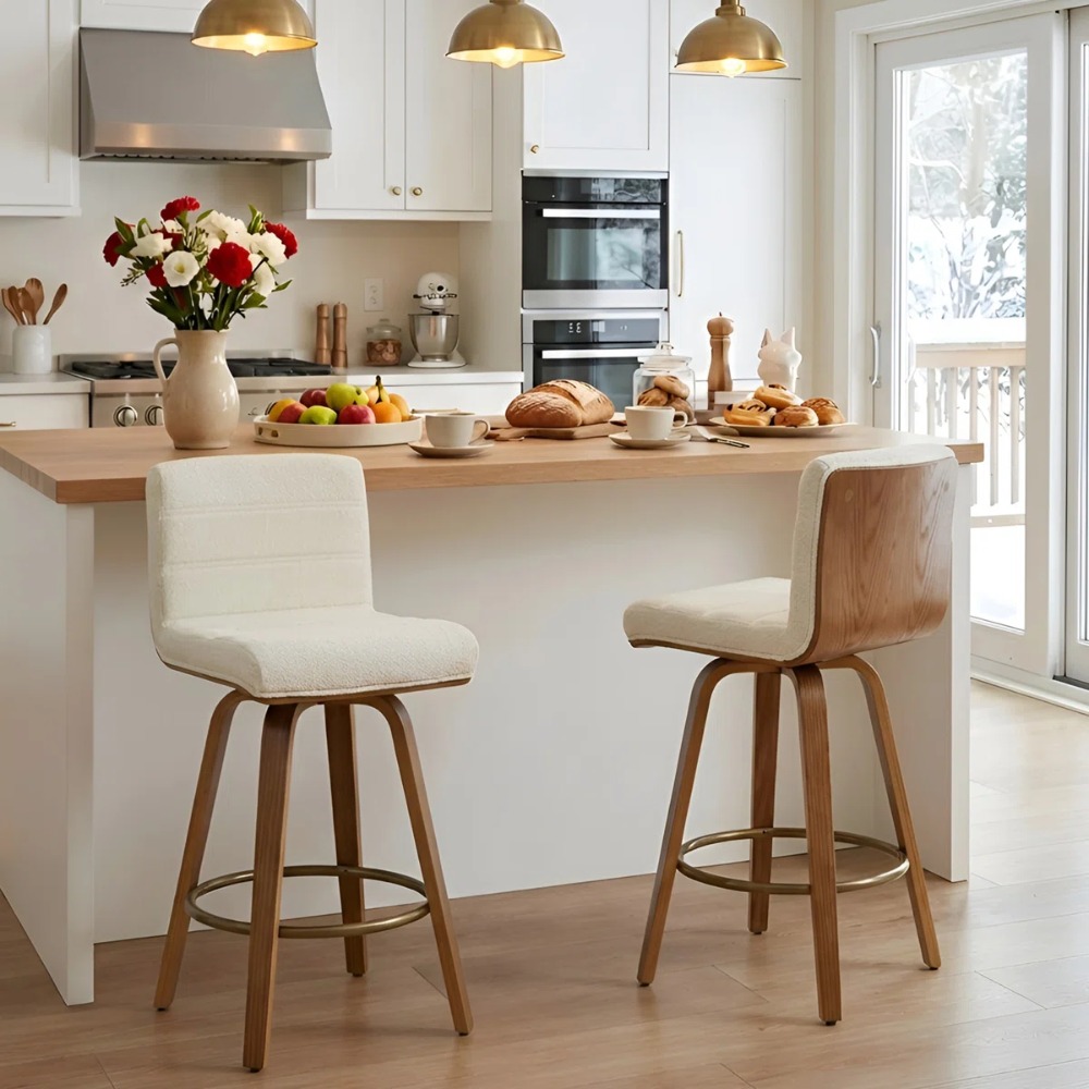 Pair of Contemporary Bar Stools Featuring Backs, Rotating Counter-Height Design, Upholstered Fabric for Kitchen Islands, Sturdy Wooden Legs, Ideal for Home Kitchens And Pubs