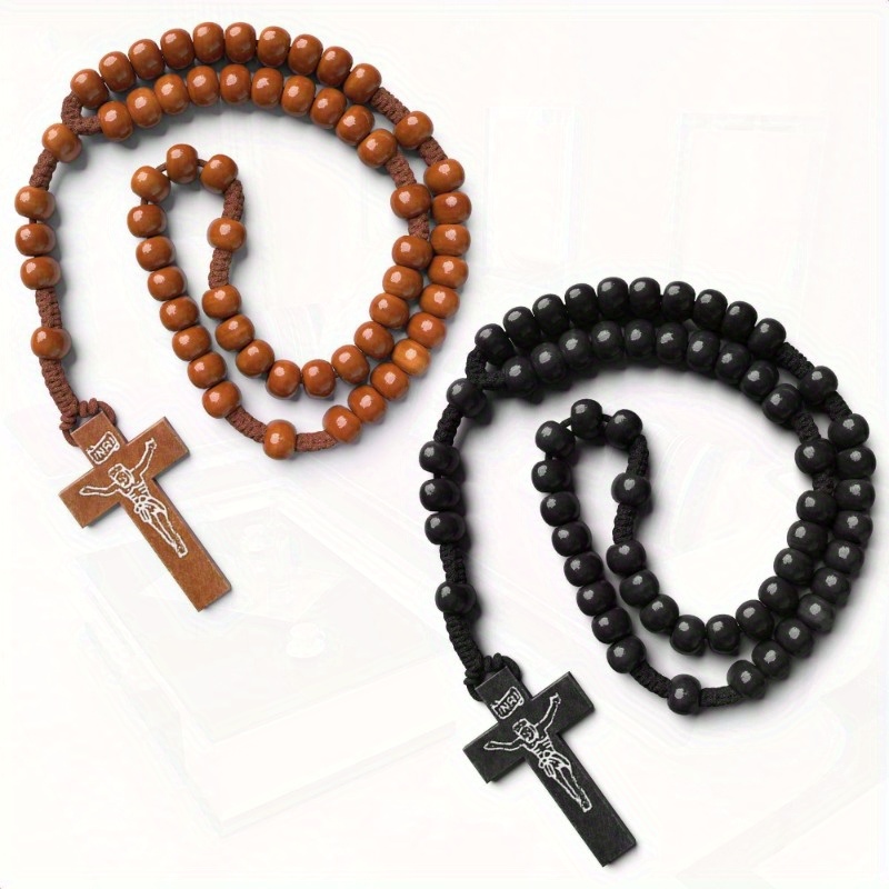 2pcs handmade wooden beads rosary necklace with adjustable metal chain tan black cross pendants for men women religious jewelry for   or special occasions spiritual accessory elegant accessory durable accessory