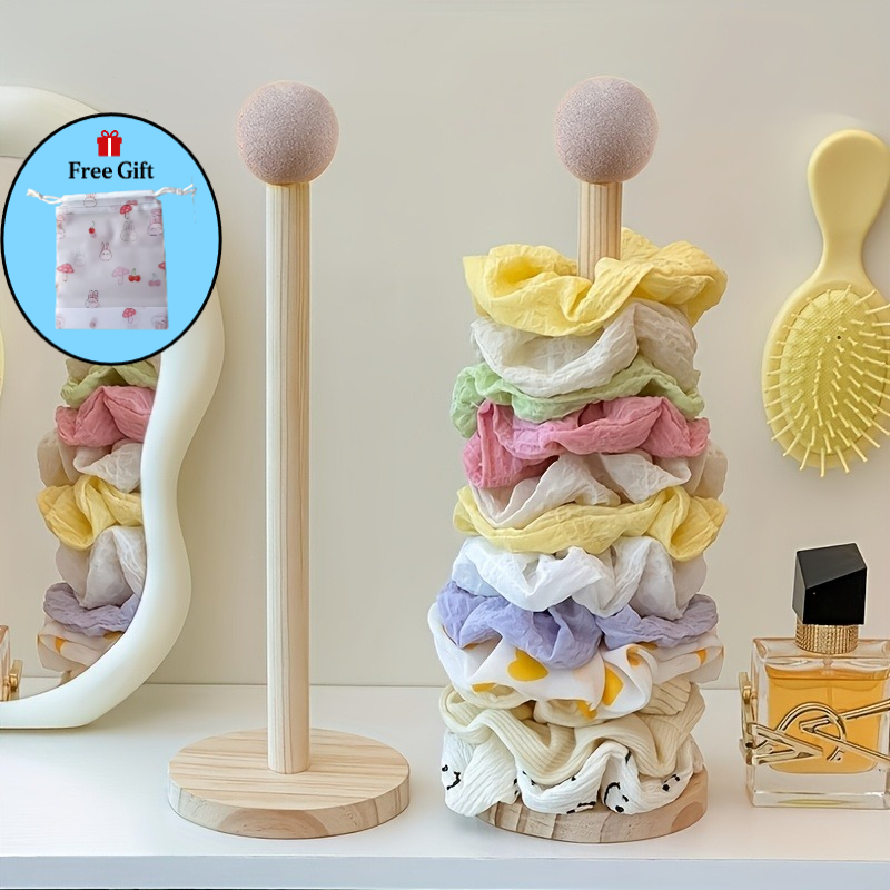 TEMU 2pcs Set (1pc Storage Tower And 1pc Gift Mushroom Storage Bag) Solid Wood Hair Accessory Jewelry Tower - Solid Wood Desktop Organizer With