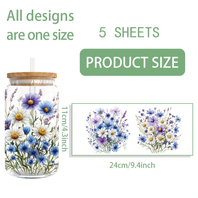 TEMU 5pcs Set Purple Watercolor 16 Oz Glass Jar Packaging Transfer Decorative Paper Uv Dtf High Self-adhesive Decorative Transfer