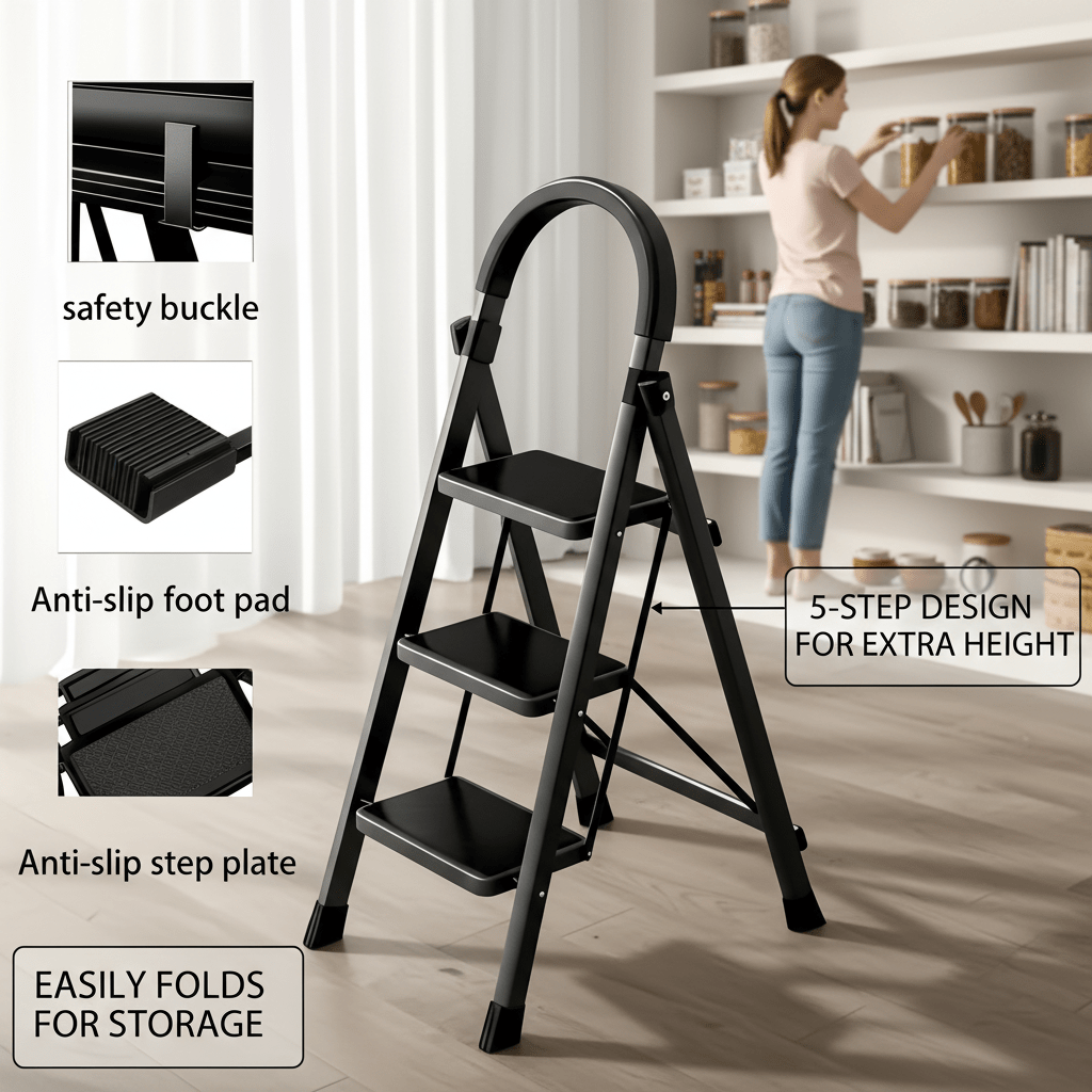 escalera plegable   resistencia con capacidad de 500 lbs, 3/4/5  , escalones antideslizantes y base ancha - taburete plegable   para hogar, garaje,   - escalera de metal de grado industrial