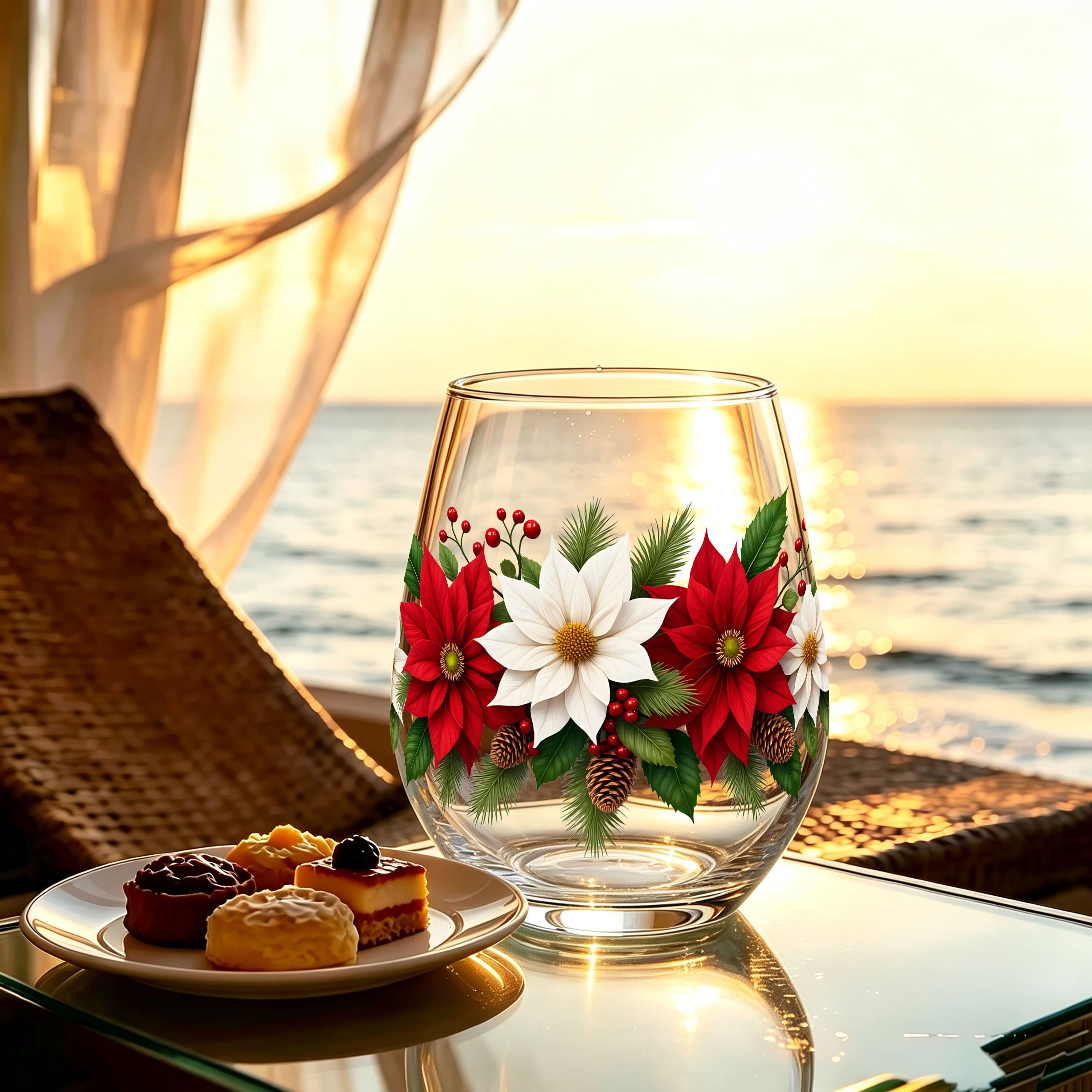 TEMU 1pc Red And White Floral Christmas Flower Cluster Pattern, 350ml Egg-shaped Glass, Drinking Cup, Juice Cup, Stemless Wine Glass,