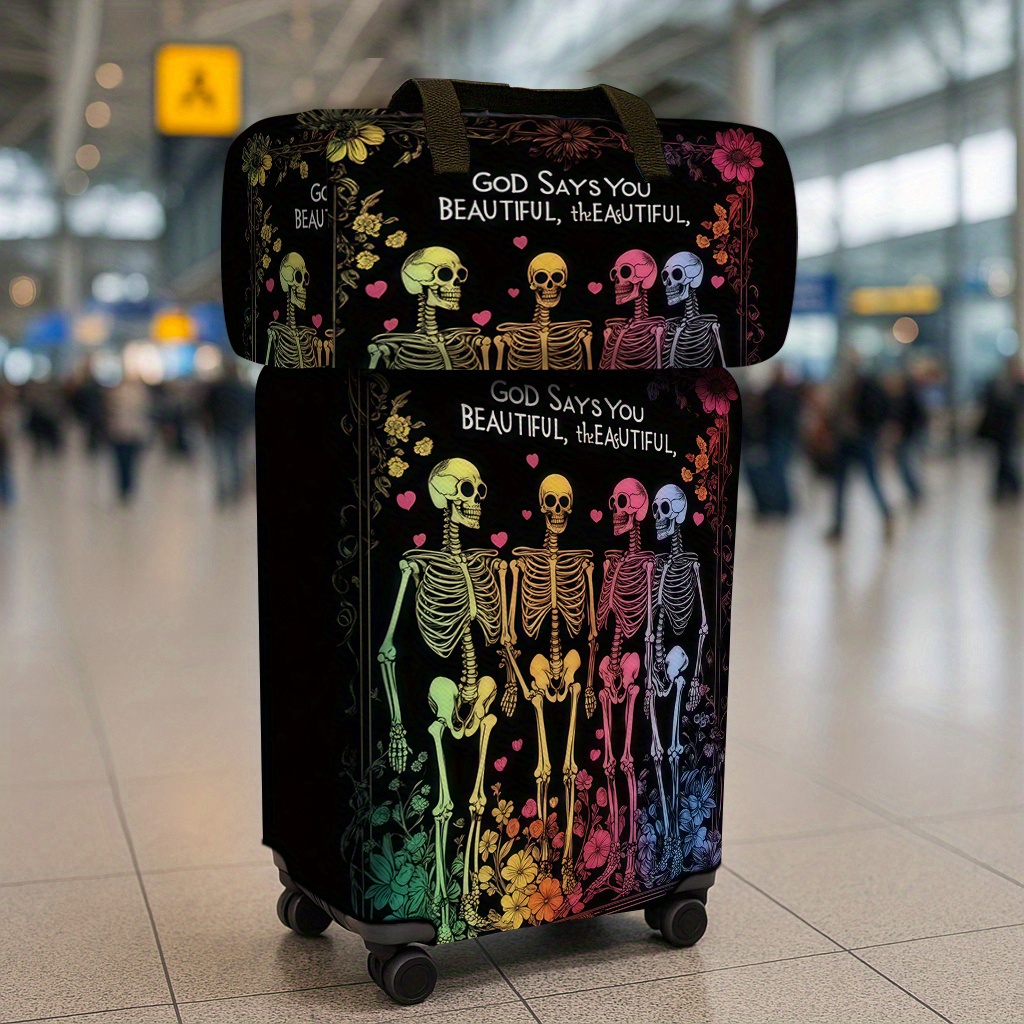 Colorful Skeleton & Flower Suitcase Set, Travel Bag & Luggage Protector