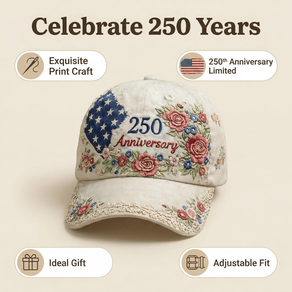 TEMU 250th Anniversary Flower Printed Baseball For Spring And Summer, Fashionable And Versatile Design For Women's Casual Hat, Suitable 's Day, Daily