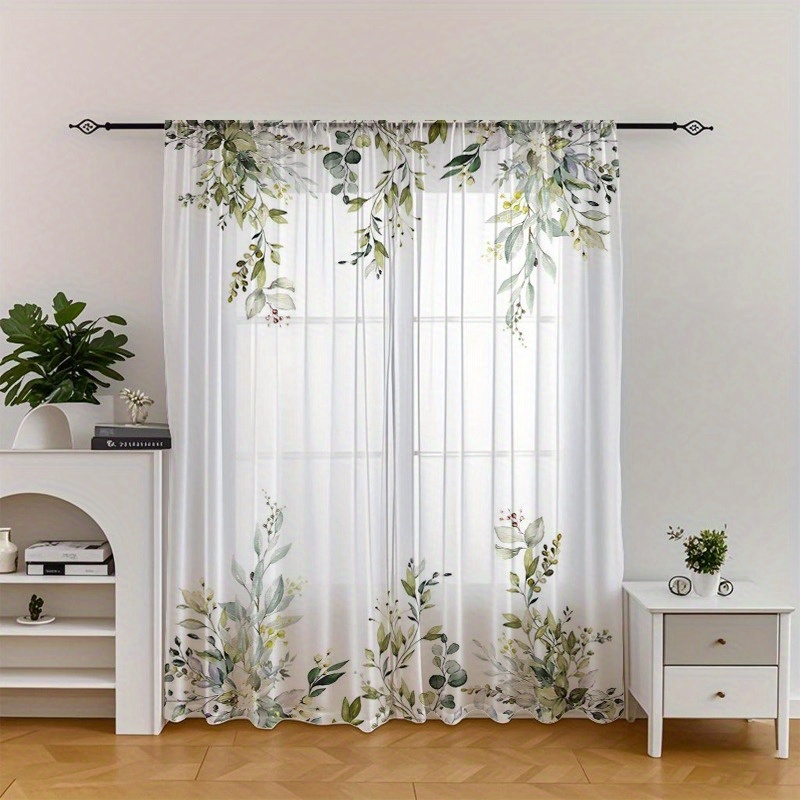 TEMU 2 pièces de rideaux transparents élégants et naturels avec motif feuilles et branches aquarelle -vert, adaptés pour cuisine, salon, balcon et