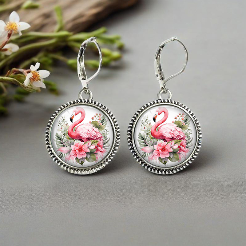 TEMU 1 Pair Tropical Flamingo Retro Earring Round Glass Dome Earrings