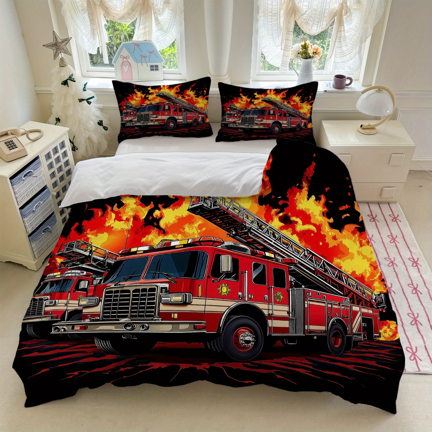 E-shop 3pcs Feuerwehrwagen Bettwäsche Set Rot und Schwarz Feuerdruck (1 Bettbezug + 2 Kissenbezüge, Ohne Kern) für Schlafzimmer