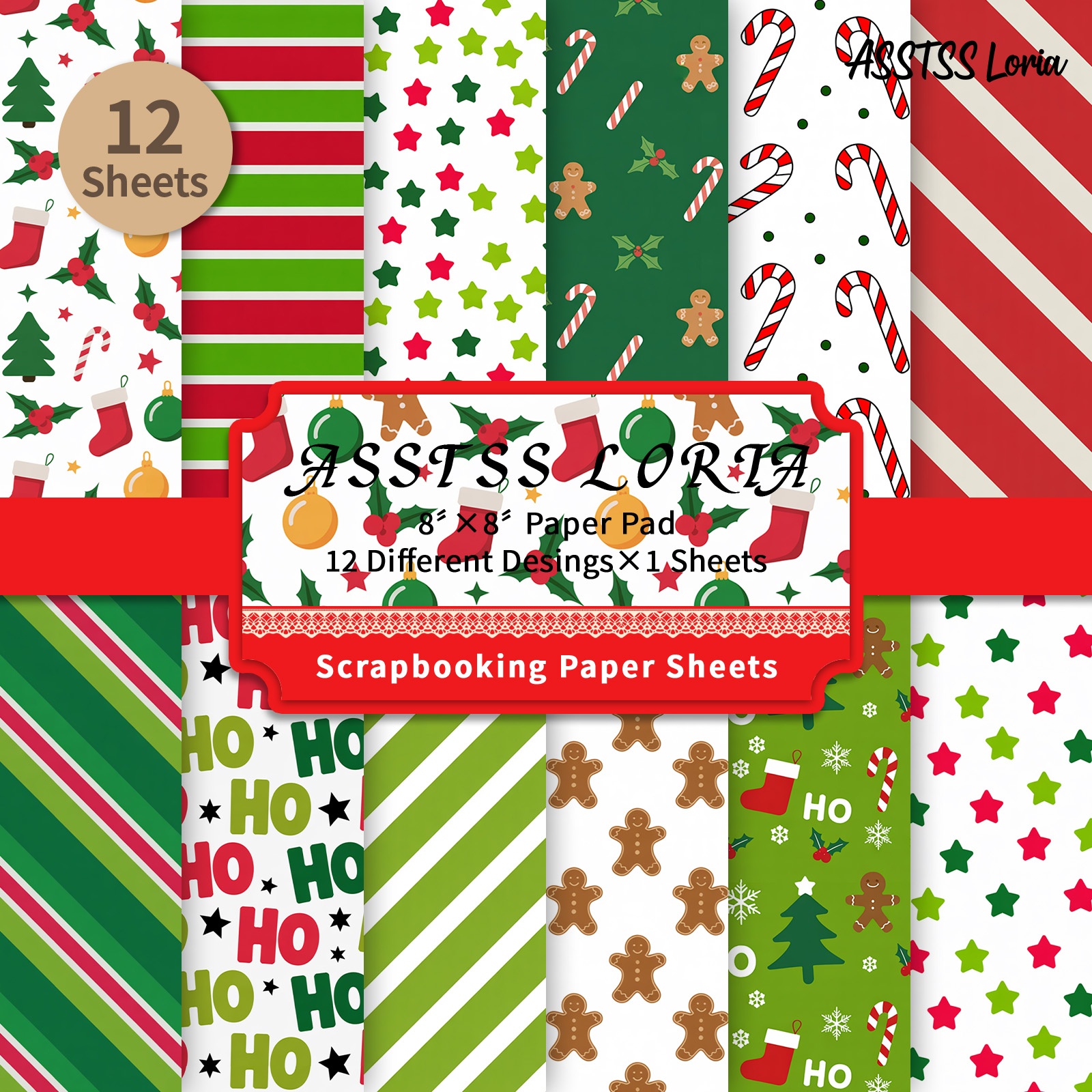 TEMU 12-sheet Asstss Loria 8x8 Inch Scrapbooking Paper Pad, Gingerbread Candy Cane Christmas Backing Paper Supplies, Heavyweight Cardstock For