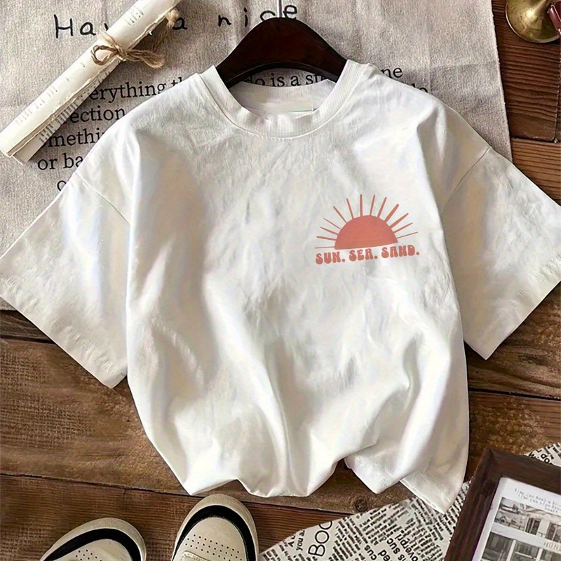 Girls' Summer Short-Sleeve T-Shirt - 100% Cotton Loose Fit Casual Top with Beach Graphic Print, Breathable Round Neck Tee for Teens, Machine Washable White Shirt with Blue & Orange Sun Design, Vacation Clothing | Geometric Sun Design | 100% Cotton Shirt, Shirts for Summer