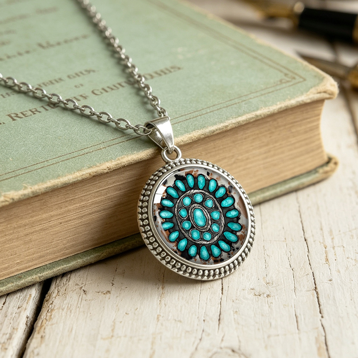 Vintage Blue-Green Floral Pattern Round Pendant Necklace