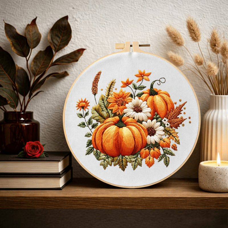 Fall Pumpkin Autumn Harvest Halloween Embroidery Kit for Adults & Beginners