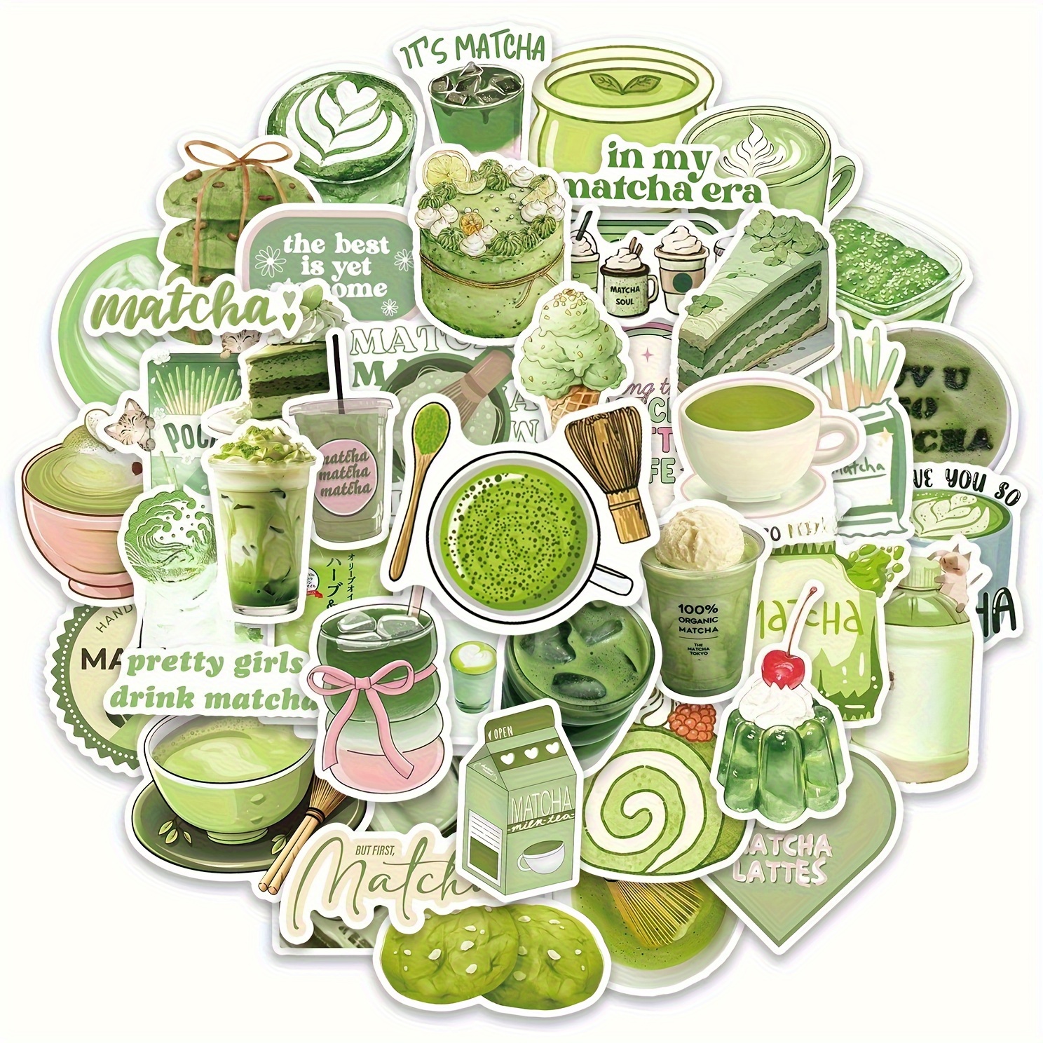 50pcs Summer Craft Supplies & Stickers, Japanese Matcha Gourmet Cake Milk Tea Sticker, Packaging Label Stickers, For Party, , Gifts, Laptop, Skateboard, Bottle, Posters