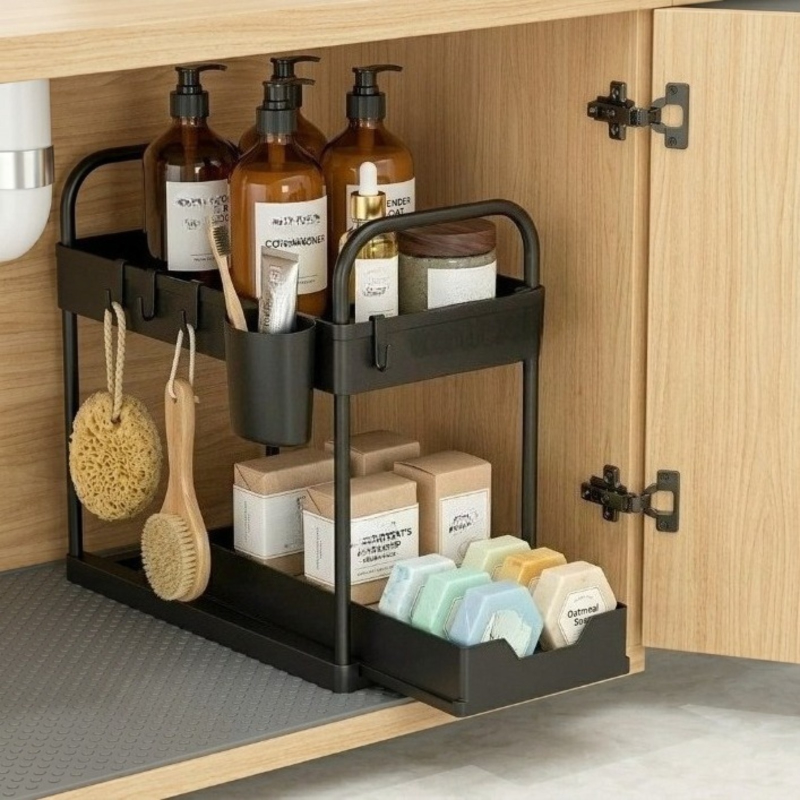 2-Tier Under Sink Pull-Out Organizer with Handle, Black Metal Storage Rack with Hooks and Hanging Cup