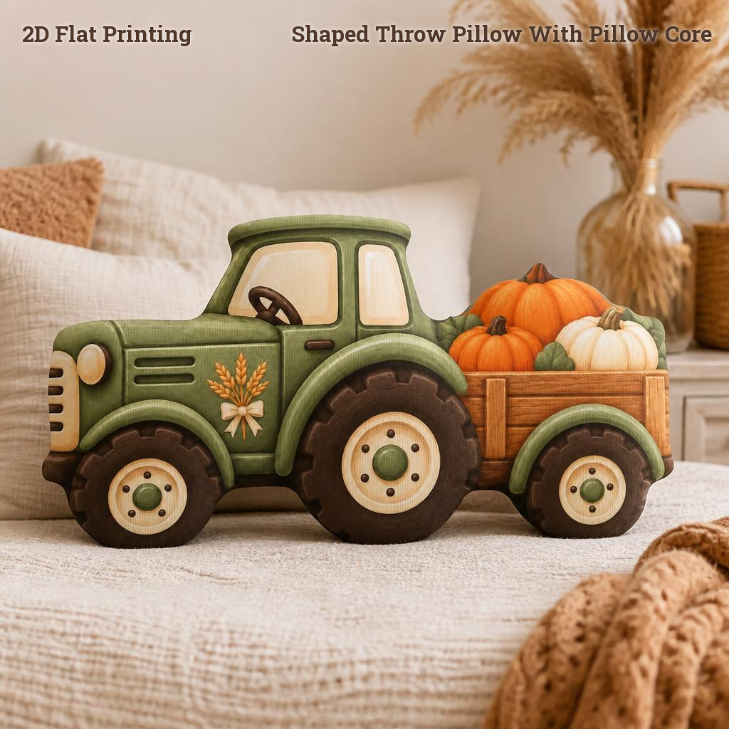 TEMU Sage Green Harvest Tractor With Pumpkin Trailer 2d Flat Printing Shaped Stuffed Throw Pillow, Perfect For Sofa Bedroom Living Room Decor For